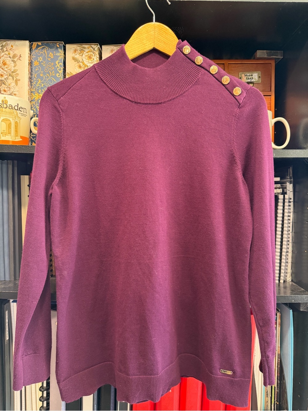 Calvin Klein Purple Mock Neck Button-Shoulder Sweater